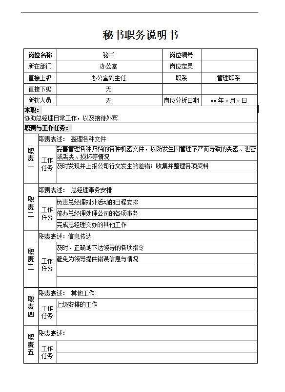 辦公室秘書職務說明書word模板