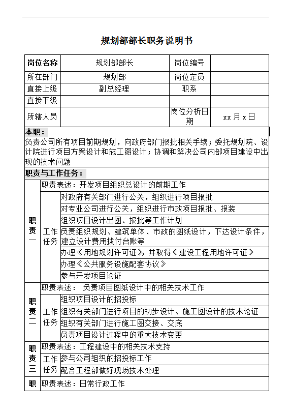 規劃部部長職務說明書word模板