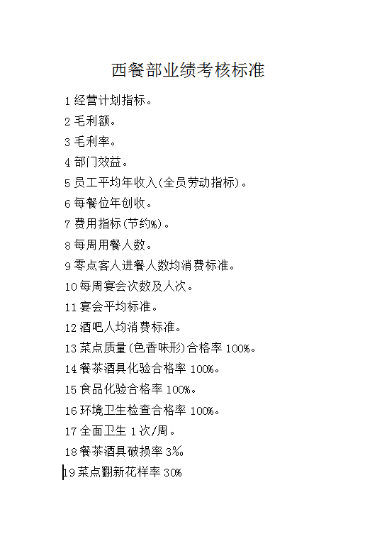 西餐部業(yè)績考核標準Word模板
