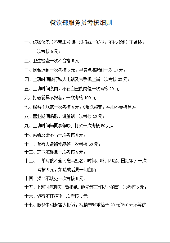 餐飲部服務(wù)員考核細則Word模板
