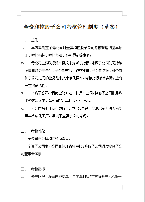 全資和控股子公司考核管理制度Word模板