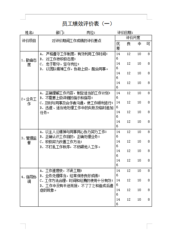 員工績效評價表Word模板