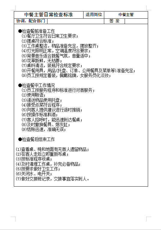中餐主管日常檢查標準Word模板