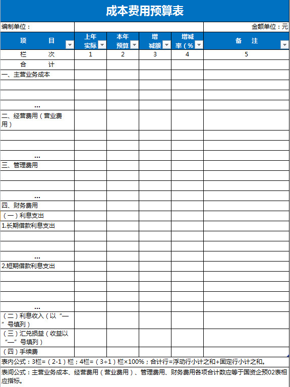 藍色成本費用預算表