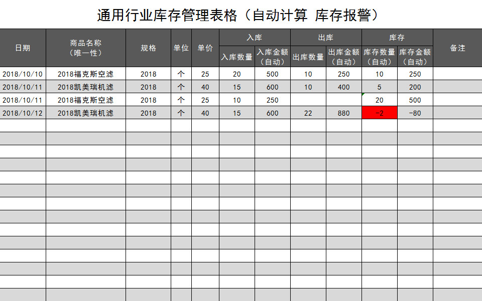 通用行業庫存管理表格