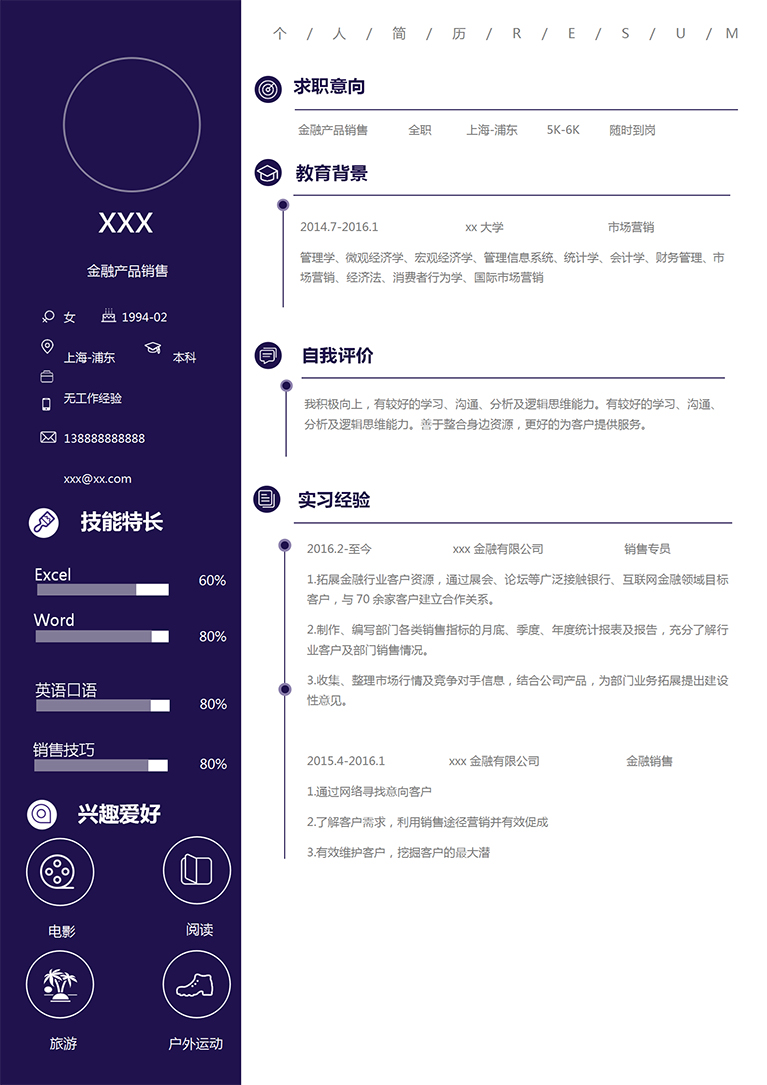 寶藍簡約風金融銷售個人簡歷模板-1