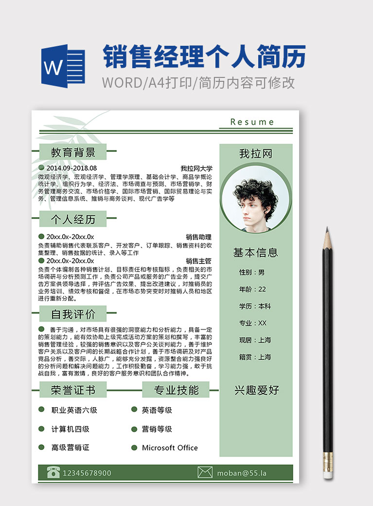 淡綠銷售經(jīng)理個人簡歷模板
