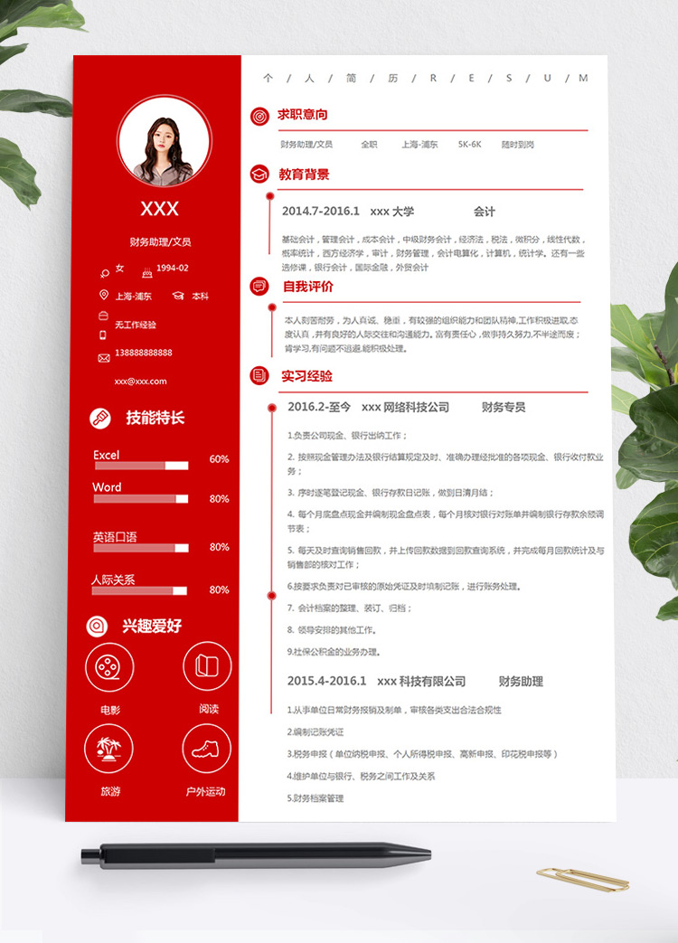 大紅色簡(jiǎn)約風(fēng)財(cái)務(wù)文員個(gè)人簡(jiǎn)歷模板