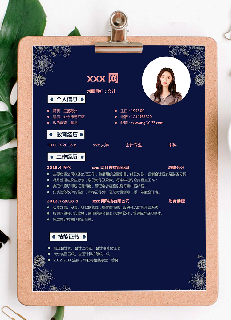 蒼青色花邊會計自薦信簡歷模板-1