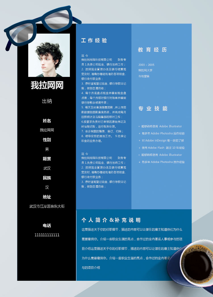 黑藍(lán)色簡(jiǎn)約風(fēng)出納個(gè)人簡(jiǎn)歷模板