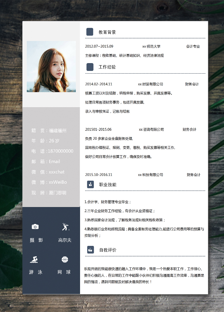 藍灰色簡約風財務出納個人簡歷模板