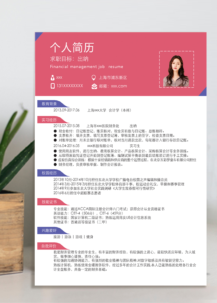 櫻桃紅簡約風(fēng)出納個人簡歷模板