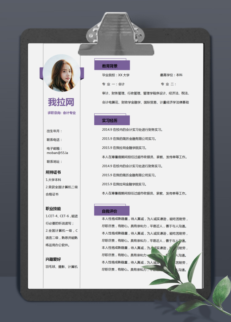 紫色系簡(jiǎn)約風(fēng)出納專員個(gè)人簡(jiǎn)歷模板