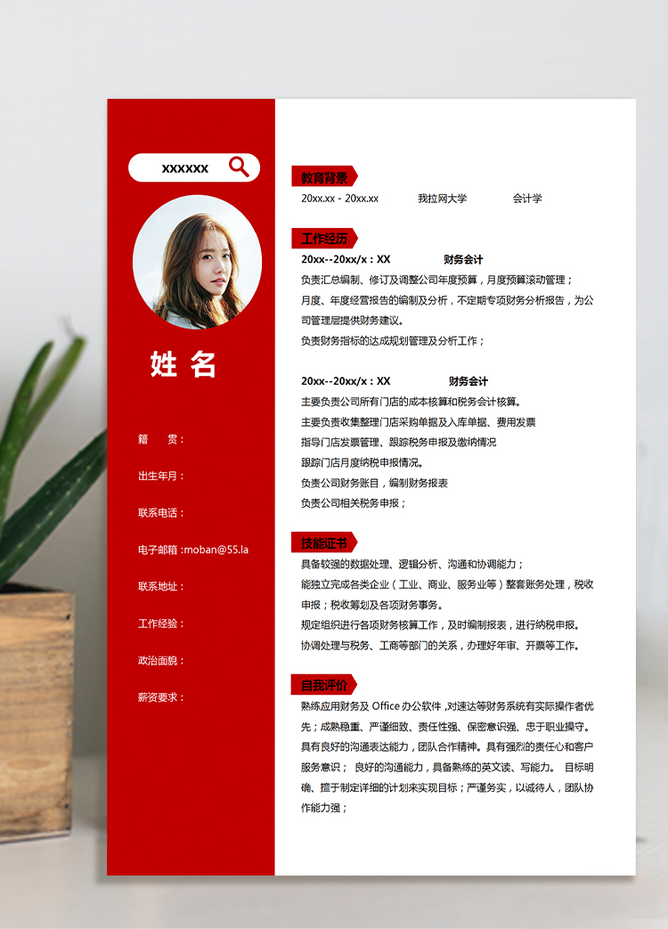 中國紅簡潔風(fēng)財(cái)務(wù)審計(jì)個(gè)人簡歷模板