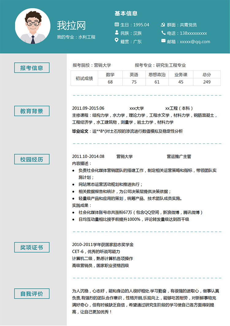 蔚藍色簡約風土木工程研究生簡歷模板-1