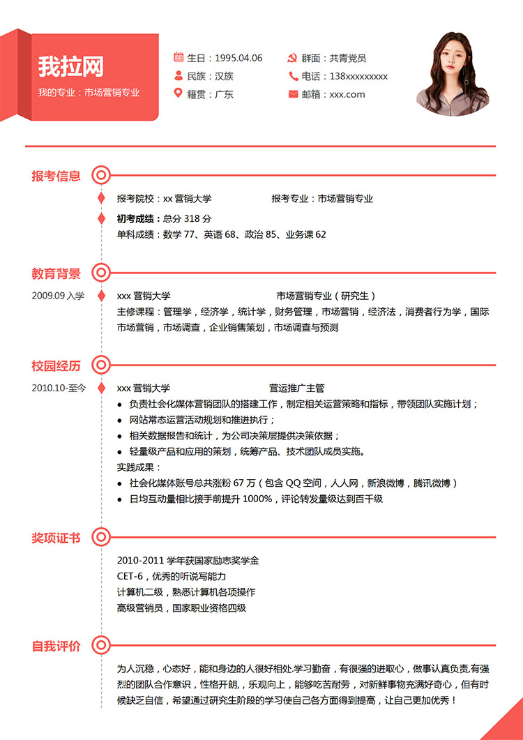 玫紅色精美風市場營銷研究生簡歷模板-1