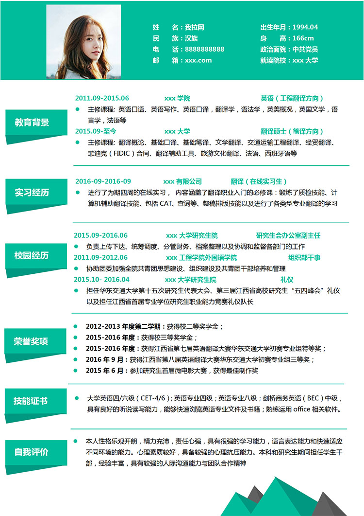 苔蘚綠精簡商務英語研究生簡歷模板-1