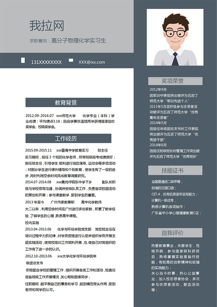 深灰色簡潔風物理化應屆畢業生簡歷模板-1