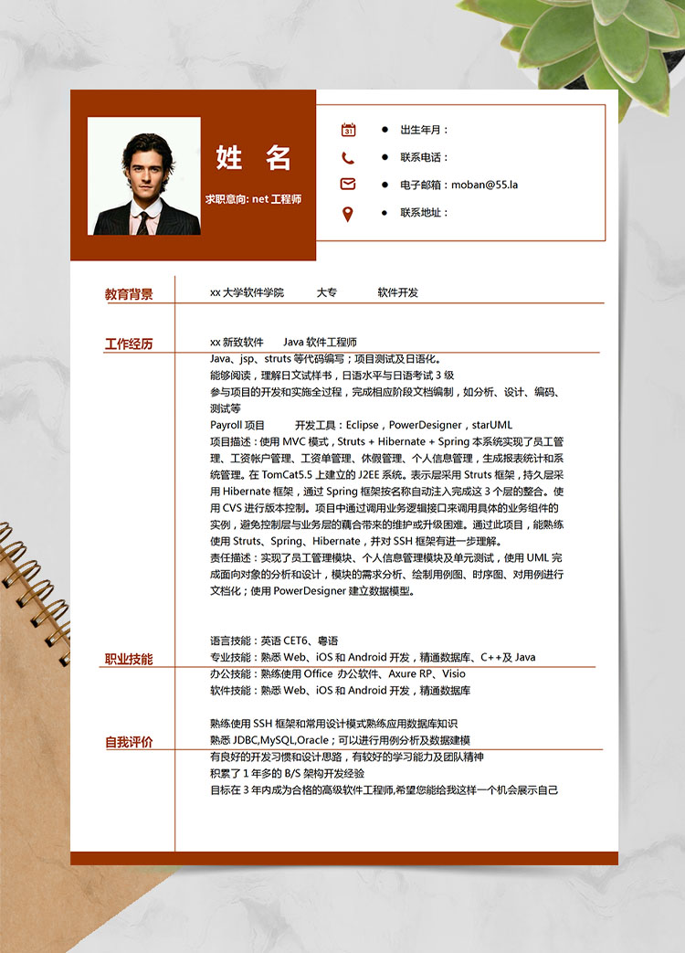棗紅色簡約風net工程師應屆生簡歷模板