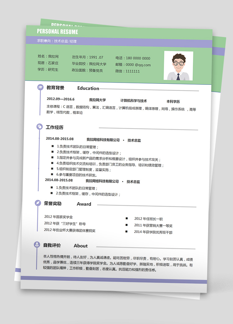 綠色清新編譯原理技術負責人簡歷
