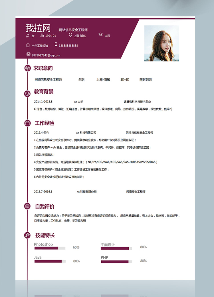 紅色大氣計算機網絡工程師簡歷-1