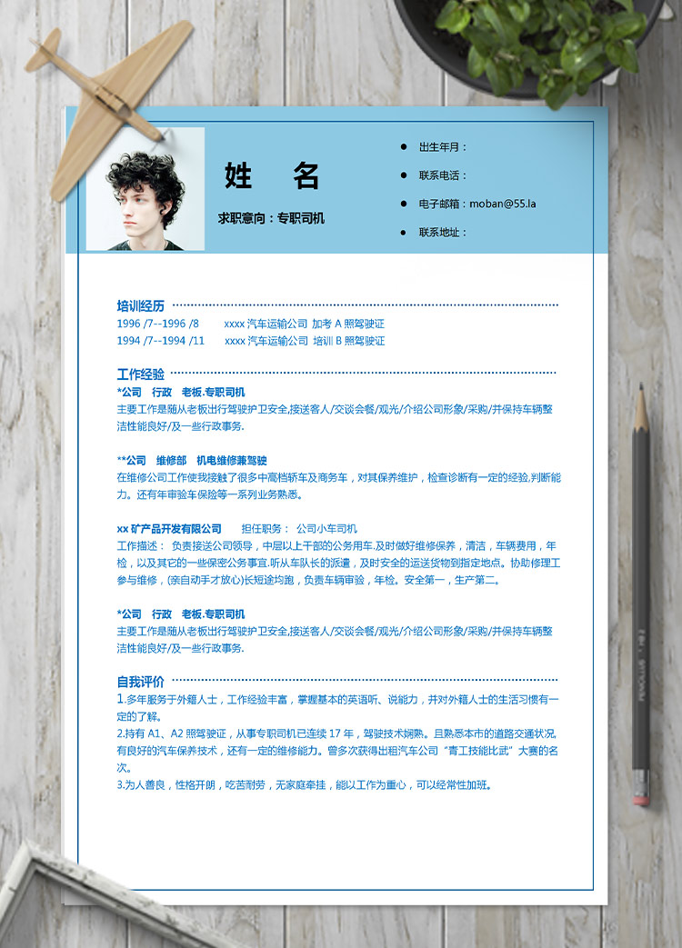 天藍色簡潔風格司機應屆生簡歷模板