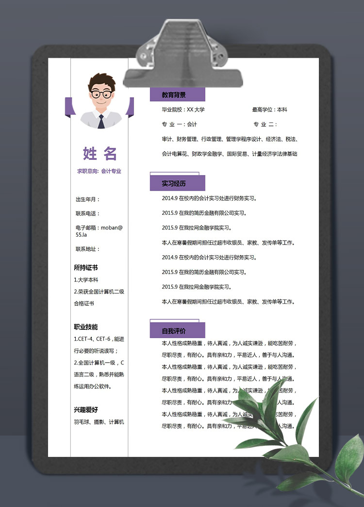 紫色精美風(fēng)會計應(yīng)屆生簡歷模板