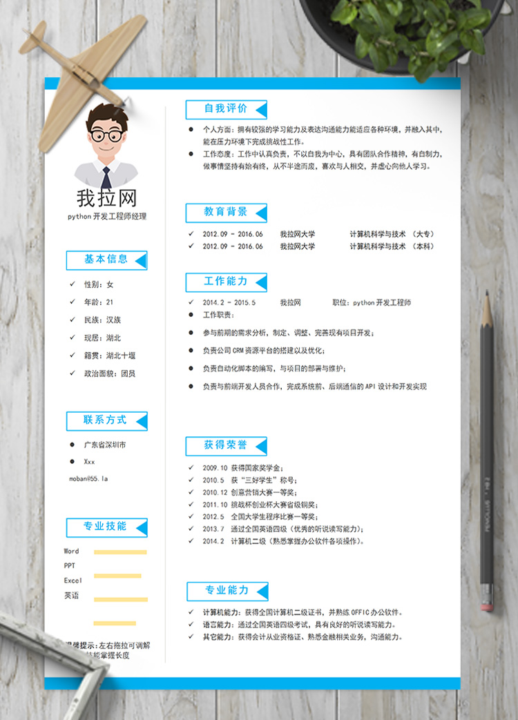 淡藍python開發工程師經理簡歷模板
