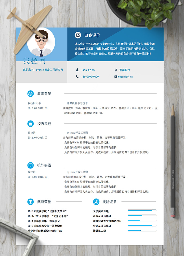 淡藍python開發工程師實習簡歷模板