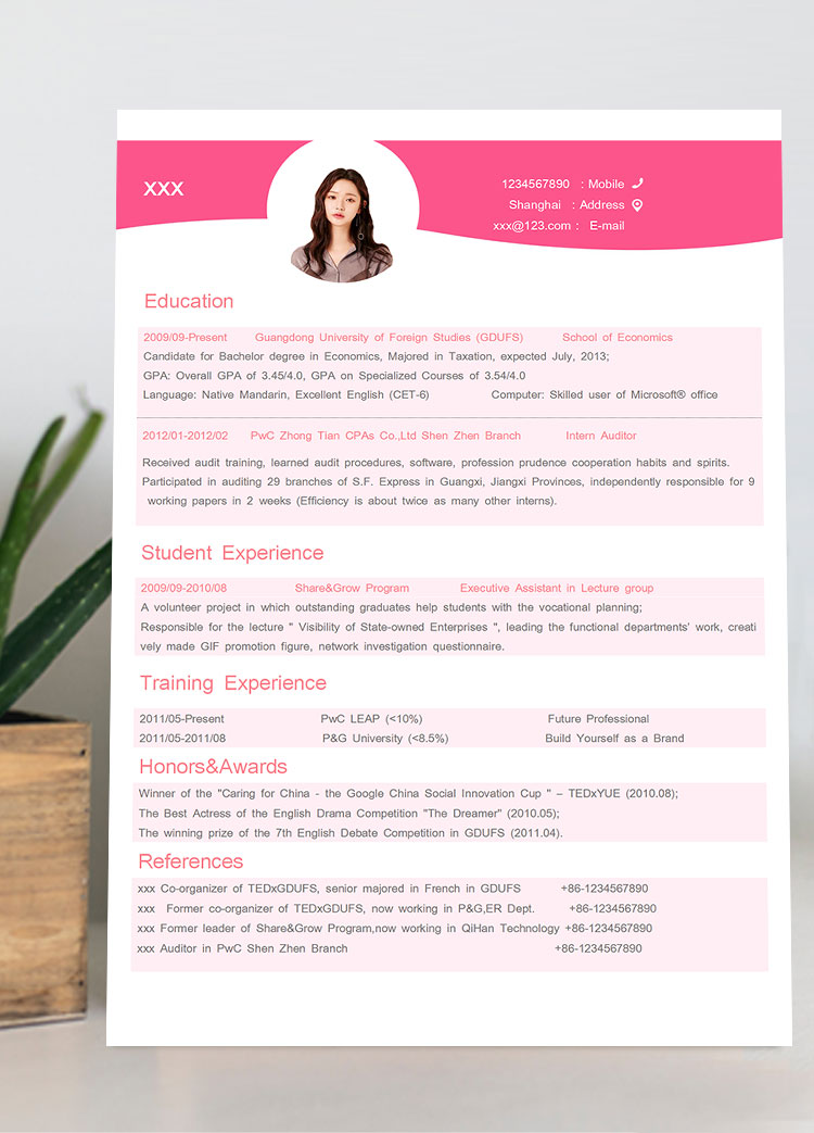 粉紅色可愛風(fēng)通用英文簡(jiǎn)歷