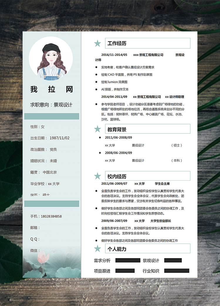 蔚藍色荷葉水墨風景觀設計師簡歷模板