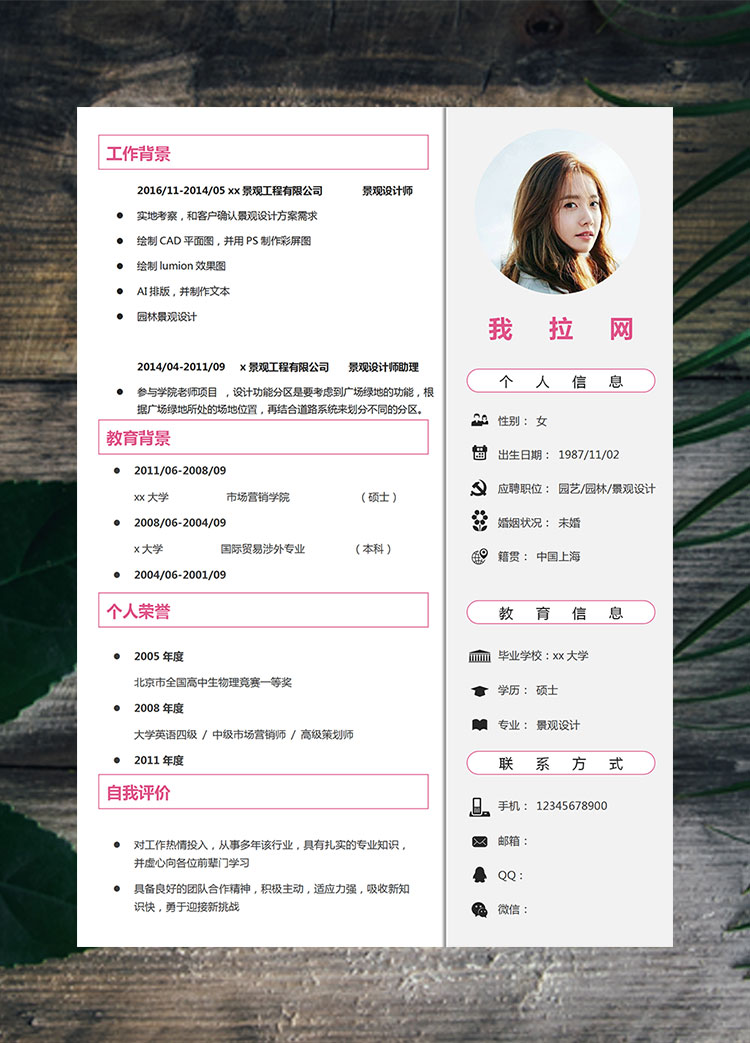 粉色線條風(fēng)景觀設(shè)計(jì)師簡(jiǎn)歷模板