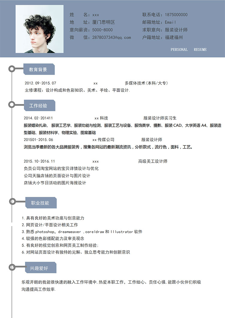 蔚藍(lán)色潮流服裝設(shè)計(jì)師個(gè)人簡歷模板-1