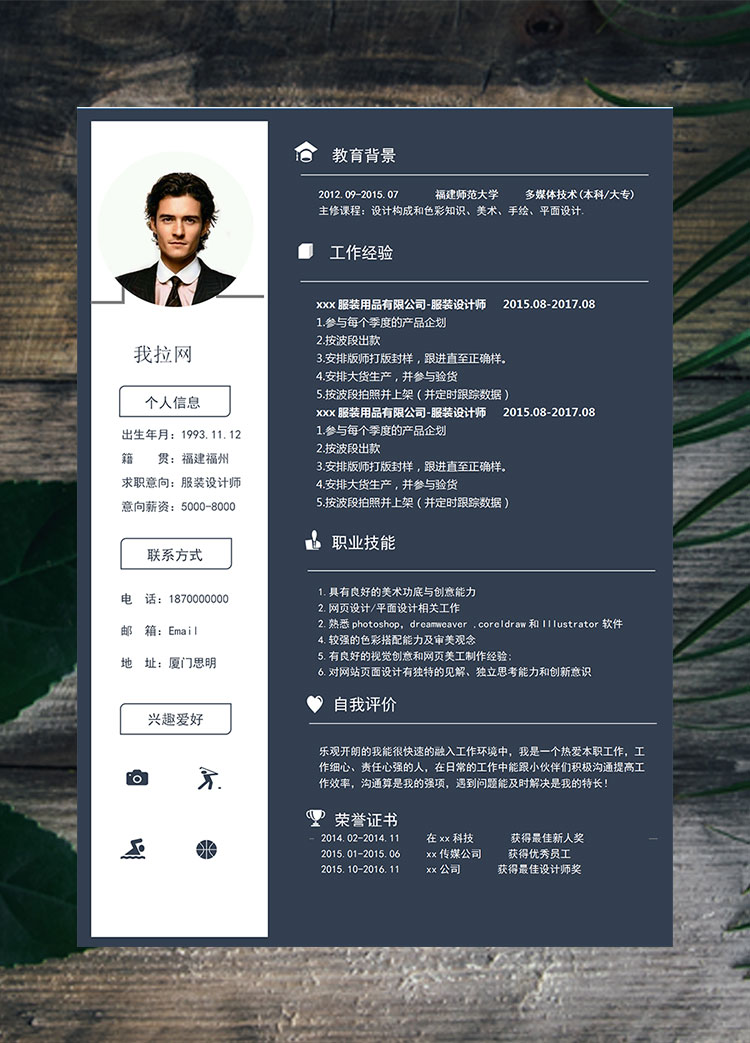 靛青高端風服裝設(shè)計師個人簡歷模板