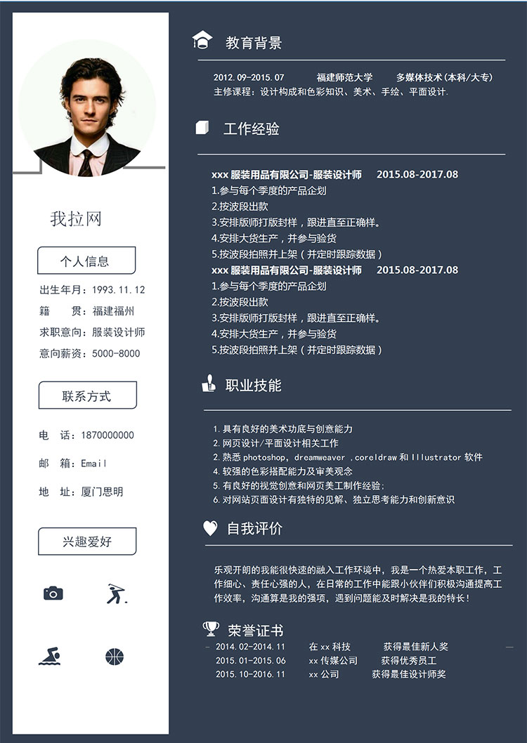 靛青高端風服裝設(shè)計師個人簡歷模板-1