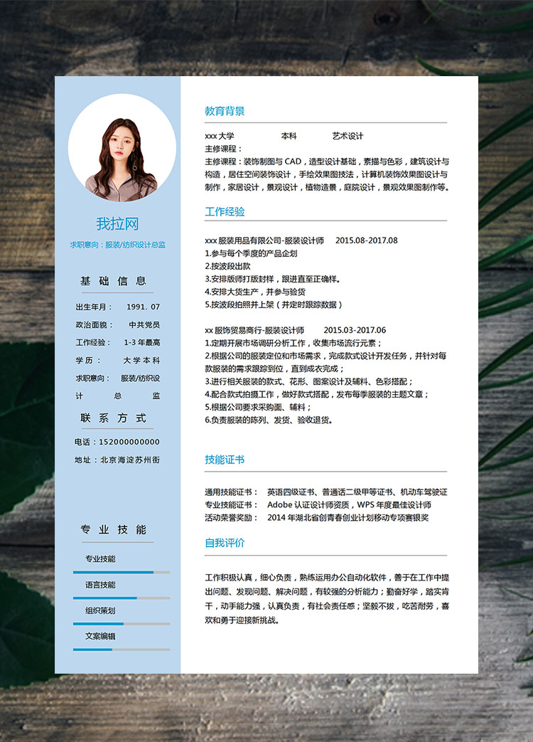 藍(lán)色清新藝術(shù)服裝設(shè)計(jì)師簡(jiǎn)歷模板