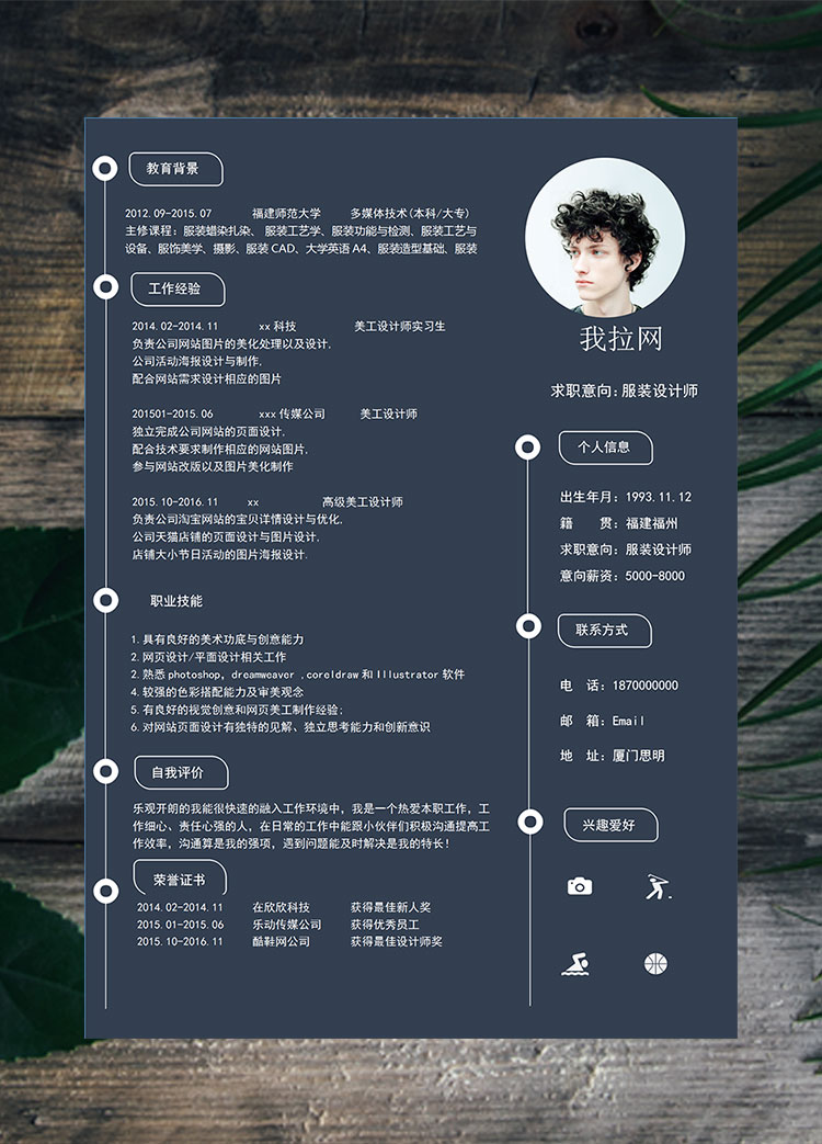 藏青色簡(jiǎn)約風(fēng)高級(jí)美工服裝設(shè)計(jì)師簡(jiǎn)歷模板