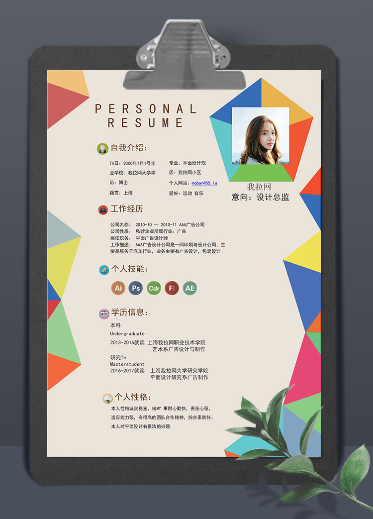 多彩菱形平面設(shè)計(jì)師個(gè)人簡歷模板