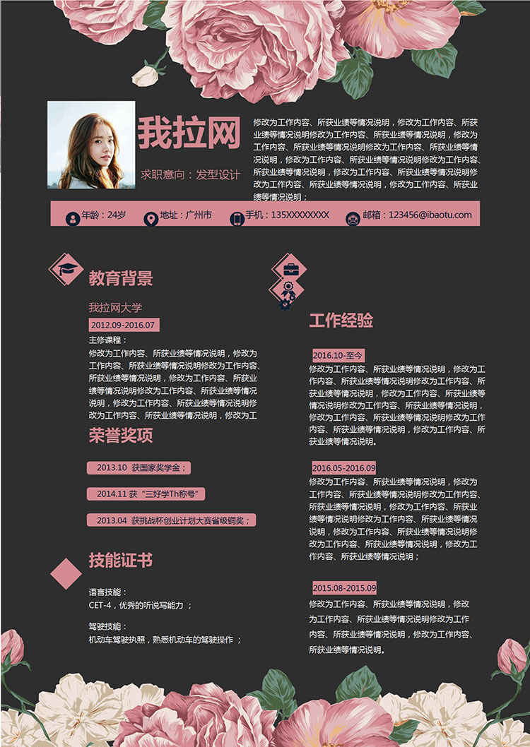 粉色唯美花蕊發型設計師個人簡歷模板-1
