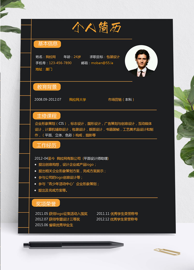 黑色系時尚風包裝設計師個人簡歷模板