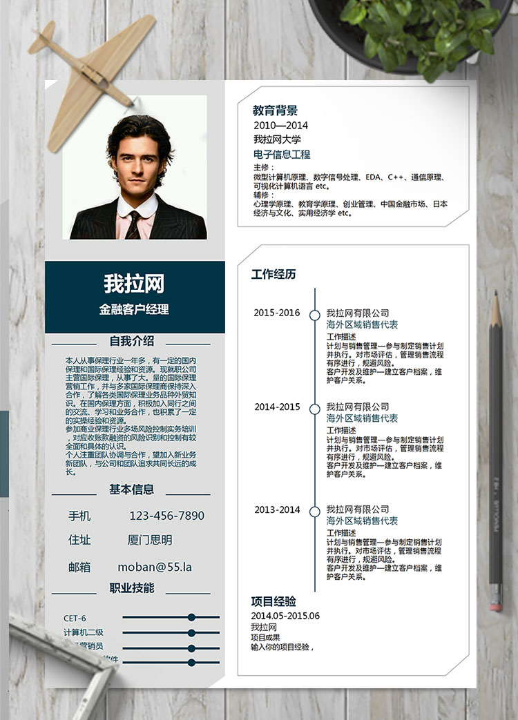 藍色方塊風金融客服簡歷模板