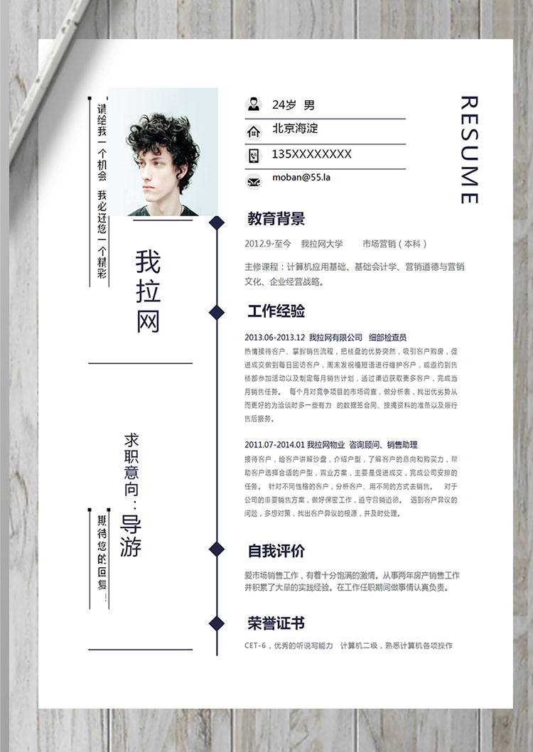 藏青色簡約大方導游個人簡歷模板-1