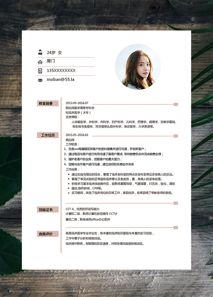 粉色系簡潔風電器客服簡歷模板
