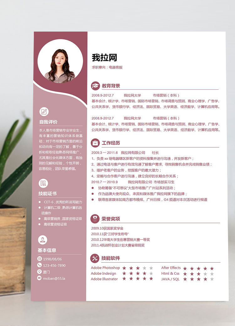 粉紅色時尚創意風電器客服簡歷模板