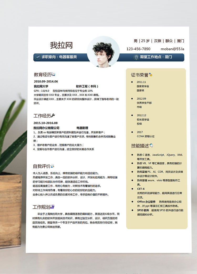 淺桔黃現代風格電器客服簡歷模板