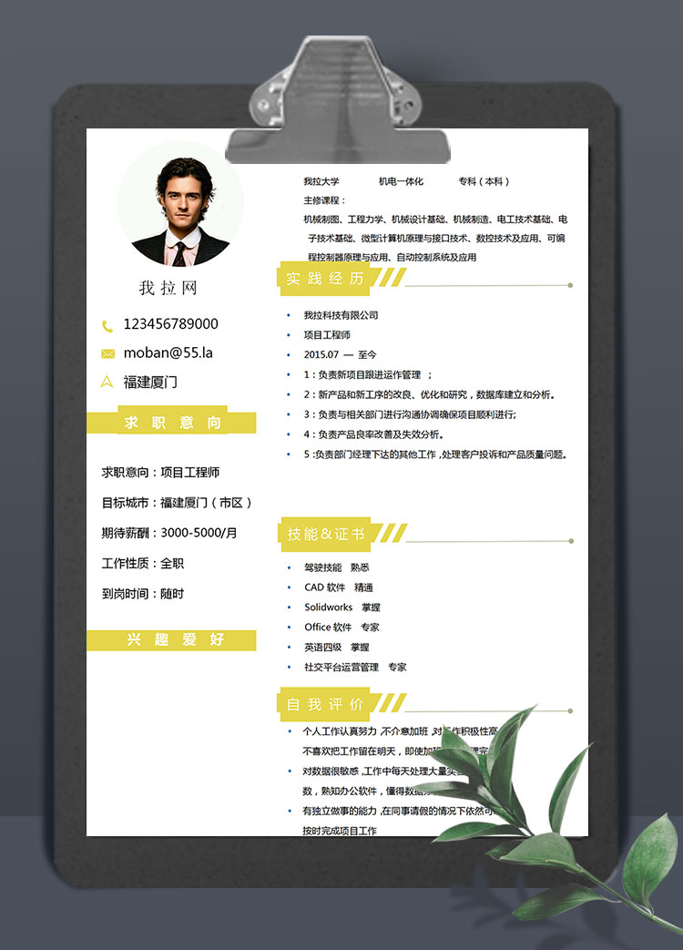 玉米黃個(gè)性風(fēng)項(xiàng)目工程師簡(jiǎn)歷模板