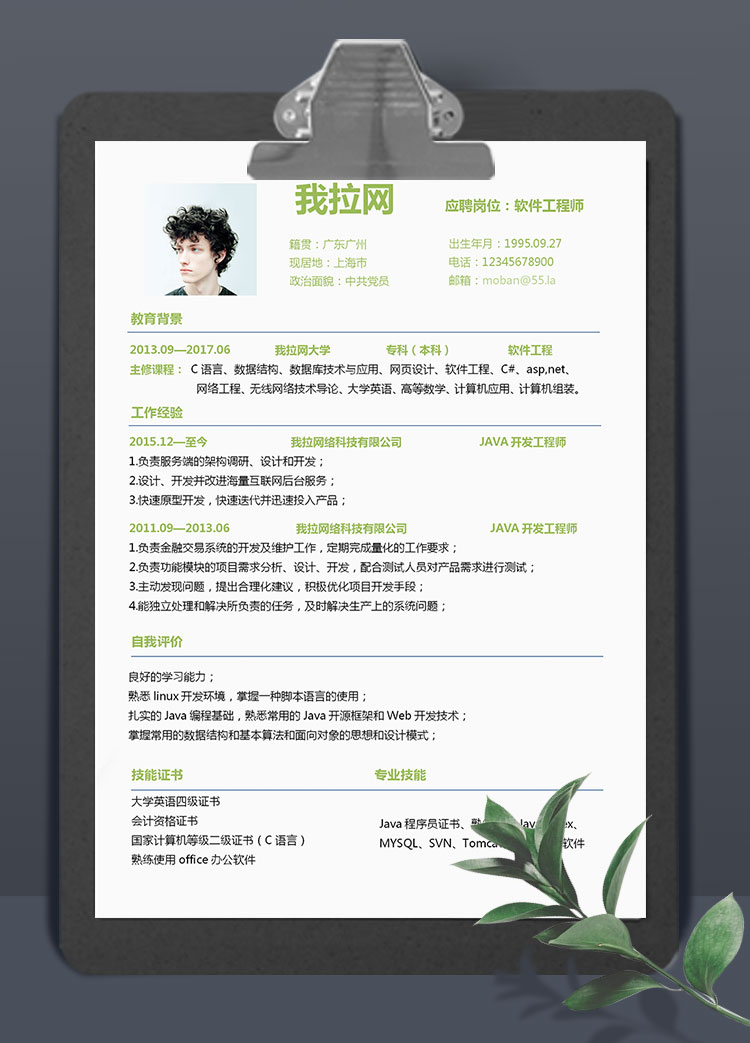 綠色系小清新軟件工程師簡歷模板