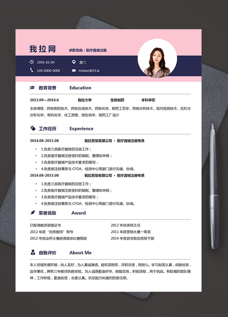 粉色系精美風醫療器械注冊簡歷模板