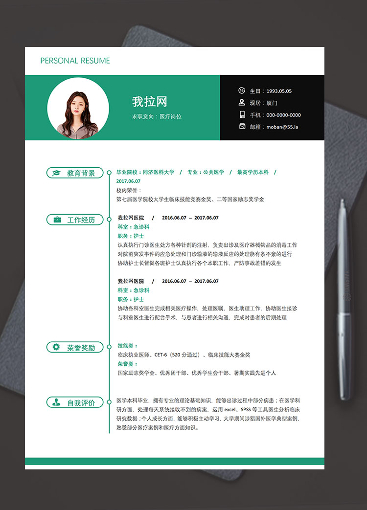綠色小清新醫(yī)療相關崗位簡歷模板