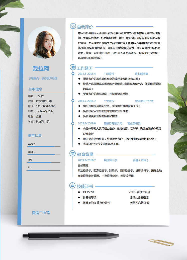 湖藍色簡約線條銀行客戶經理簡歷